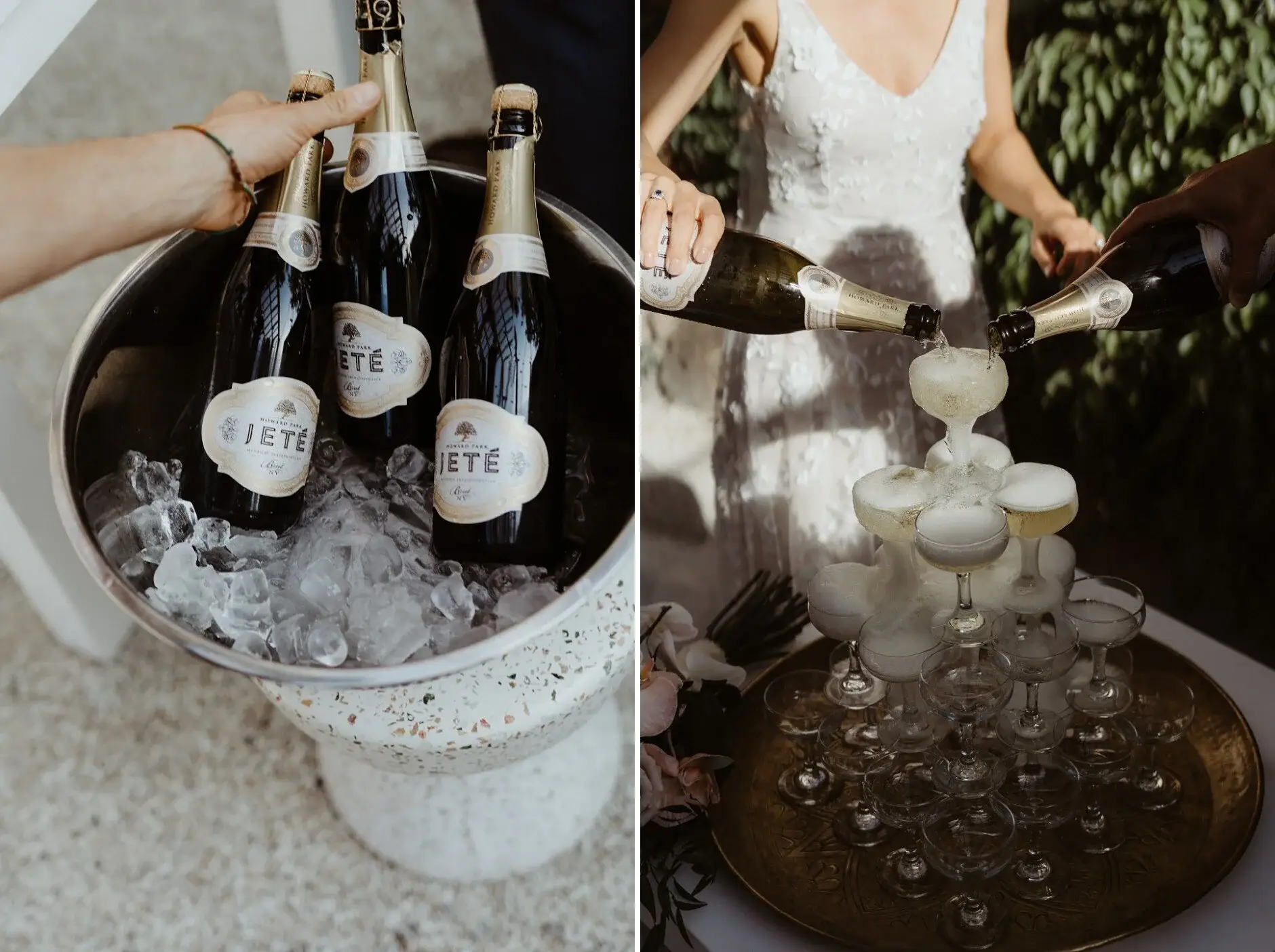 Jeté bottles on ice, and Em pouring the champagne tower, Byron Bay