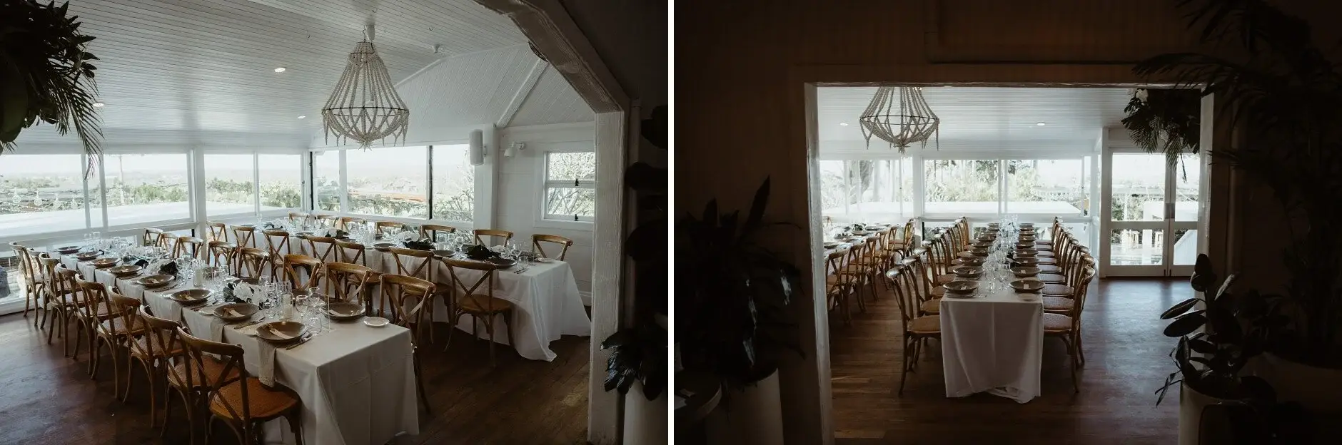 The long tables set up inside the Fig Tree Restaurant, Byron Bay