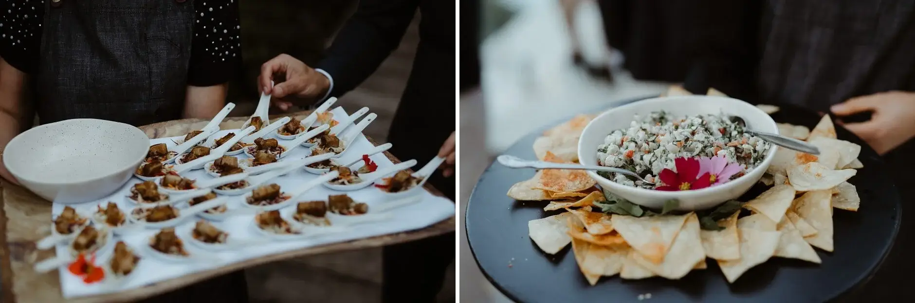 Canapés being passed, and a bowl of dip with corn chips, Byron Bay