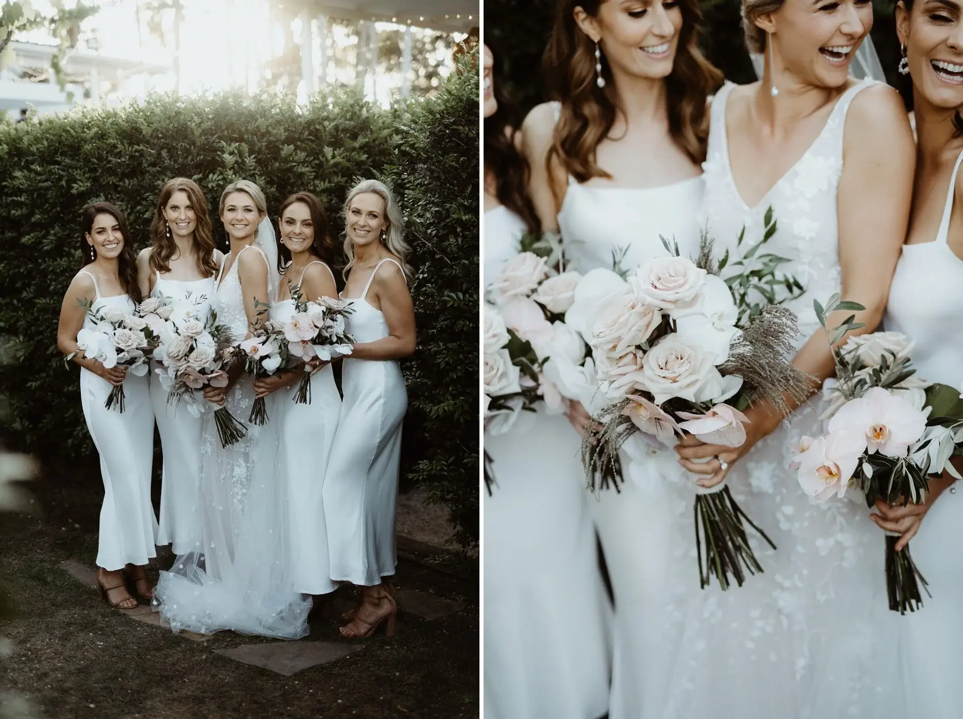 The bridesmaids from behind, and laughing together, Byron Bay