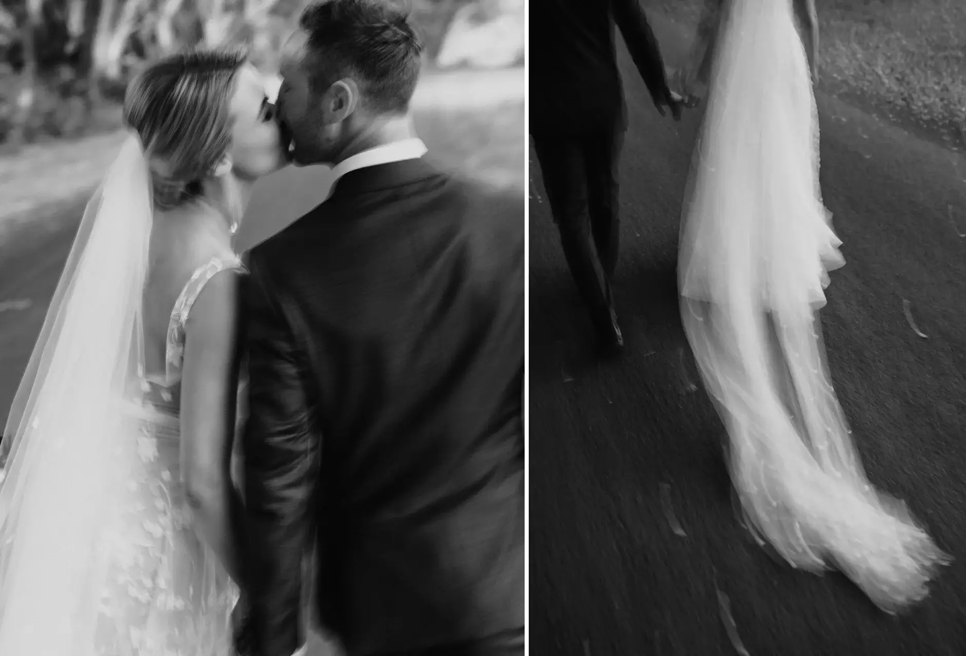 A close kiss, and Em’s veil blowing out behind her, black and white