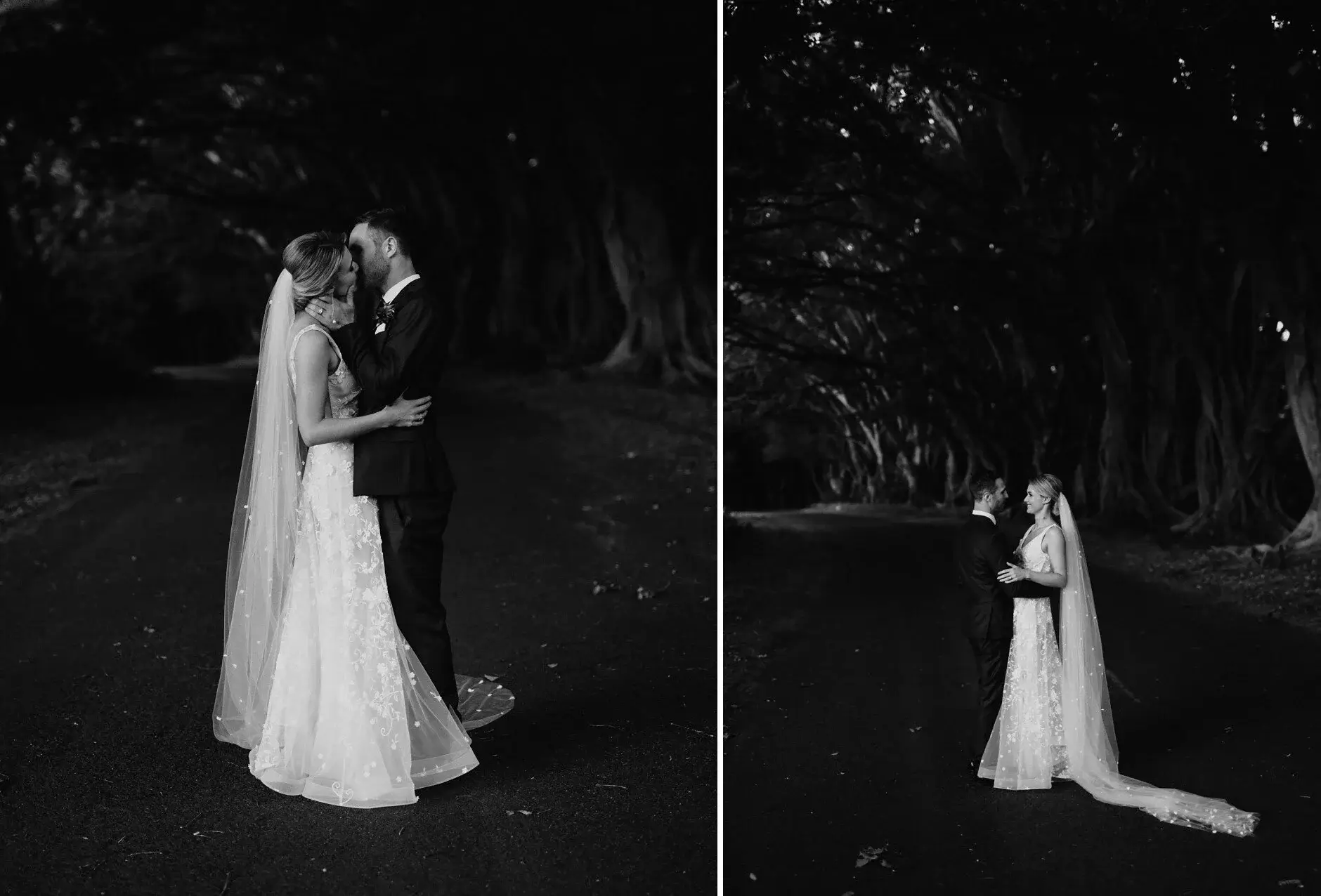 Em and Nev under the fig canopy at dusk, black and white