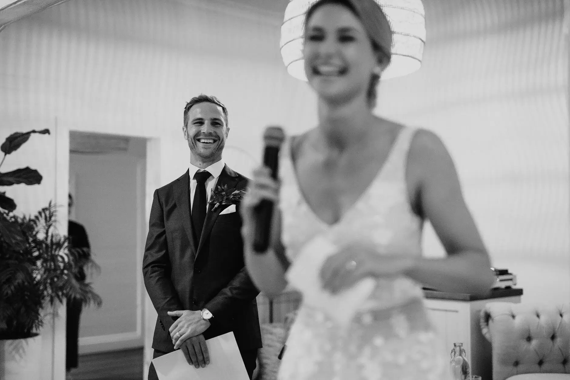 Em speaking to the room, black and white, Fig Tree Restaurant