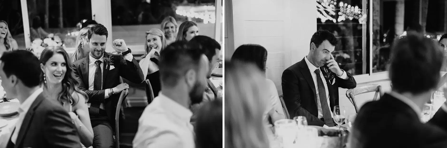 Guests listening during the speeches, black and white, Byron Bay
