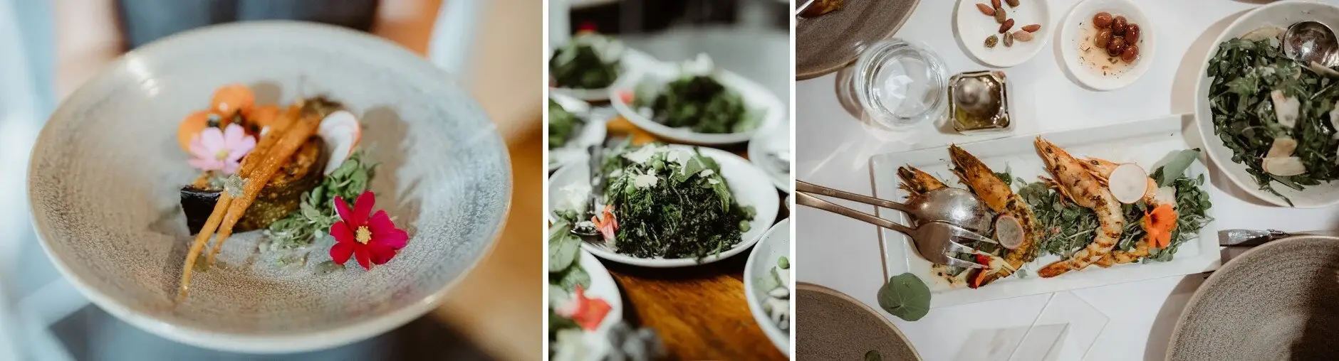 The plated courses at the Fig Tree Restaurant — flowers, greens and seafood