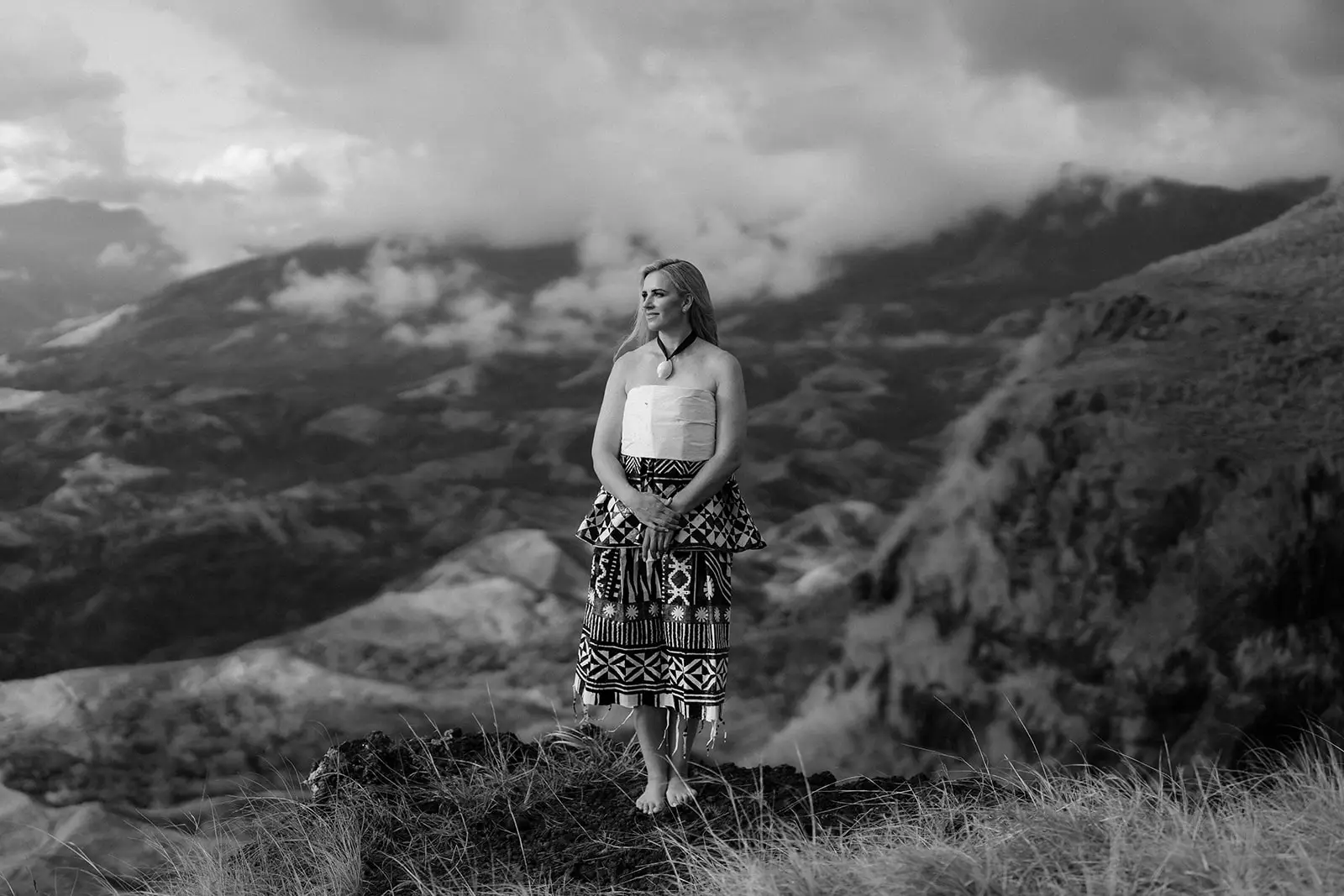 Brittany on a highland ridge in tapa cloth, Nausori Highlands, Fiji