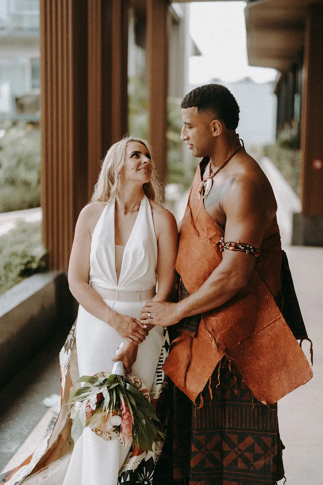 Brittany and Viliame in the resort colonnade, Crowne Plaza Nadi Bay