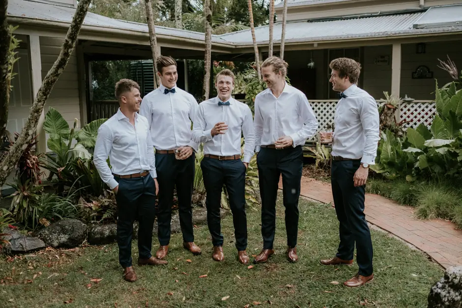Jarrod and his groomsmen with beers on the verandah before the ceremony, Eureka