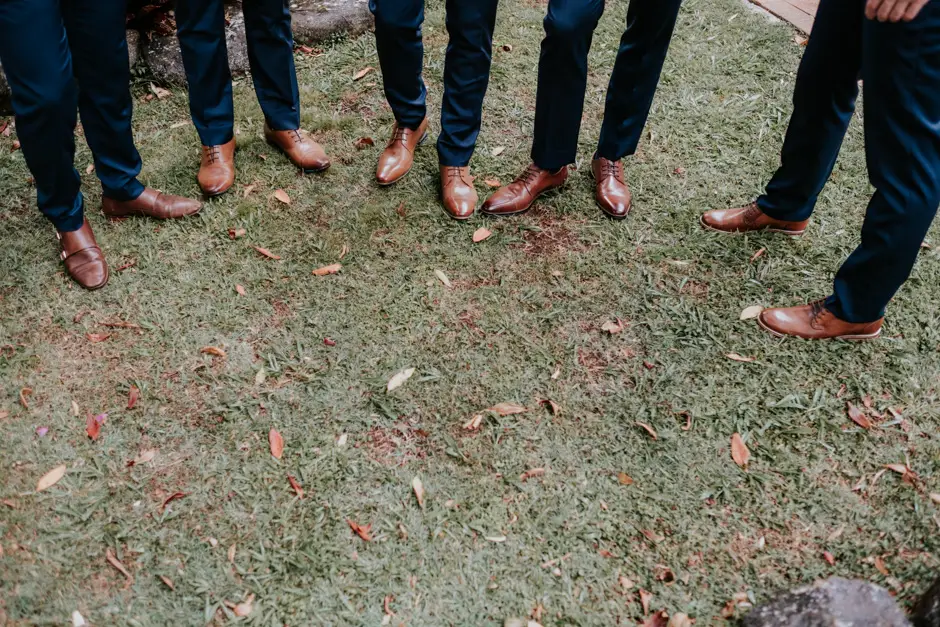 The groomsmen's tan dress shoes on the lawn, and a wider view of the group, Goremans Road
