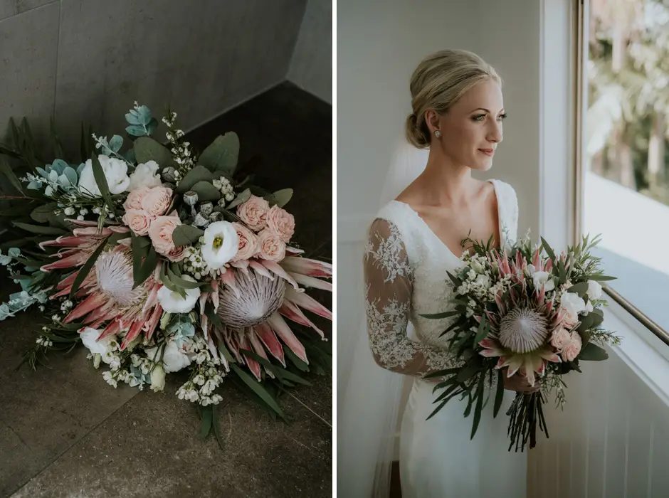 The bouquet of proteas and pale roses, and Jessica holding it by the window, Goremans Road