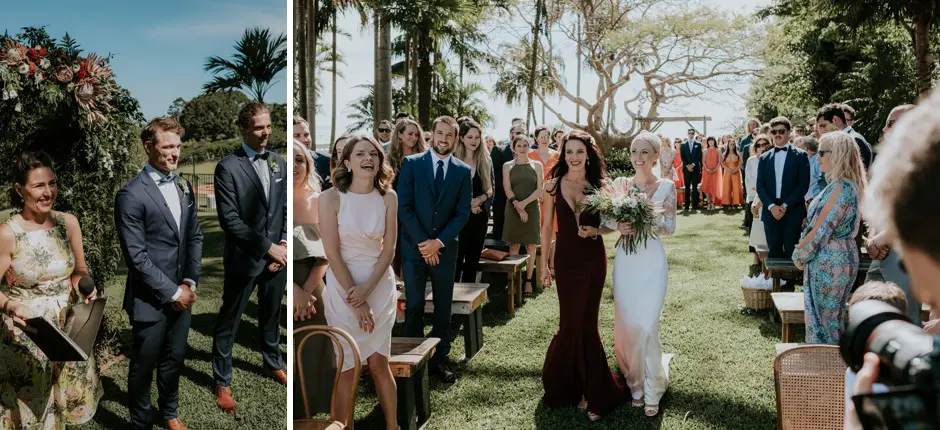 Guests arriving on the lawn, and the bridal party gathering before the ceremony, Eureka