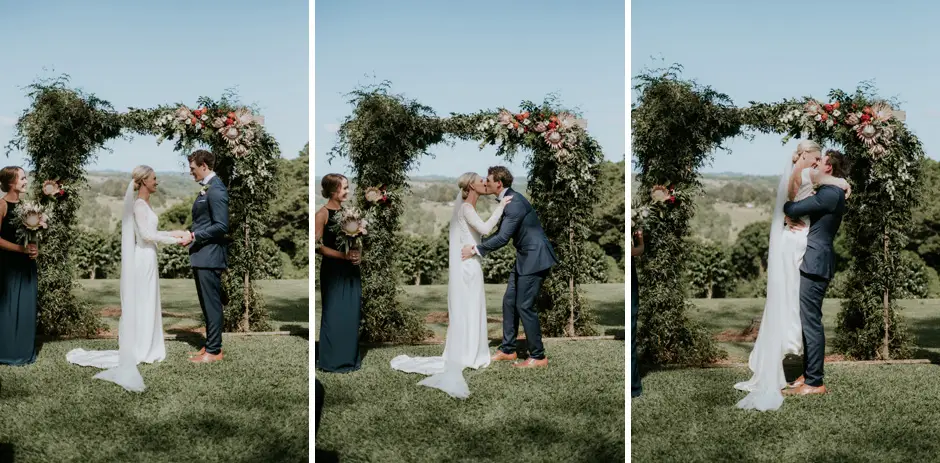 Three moments from the ceremony beneath the flower-covered arch, Eureka