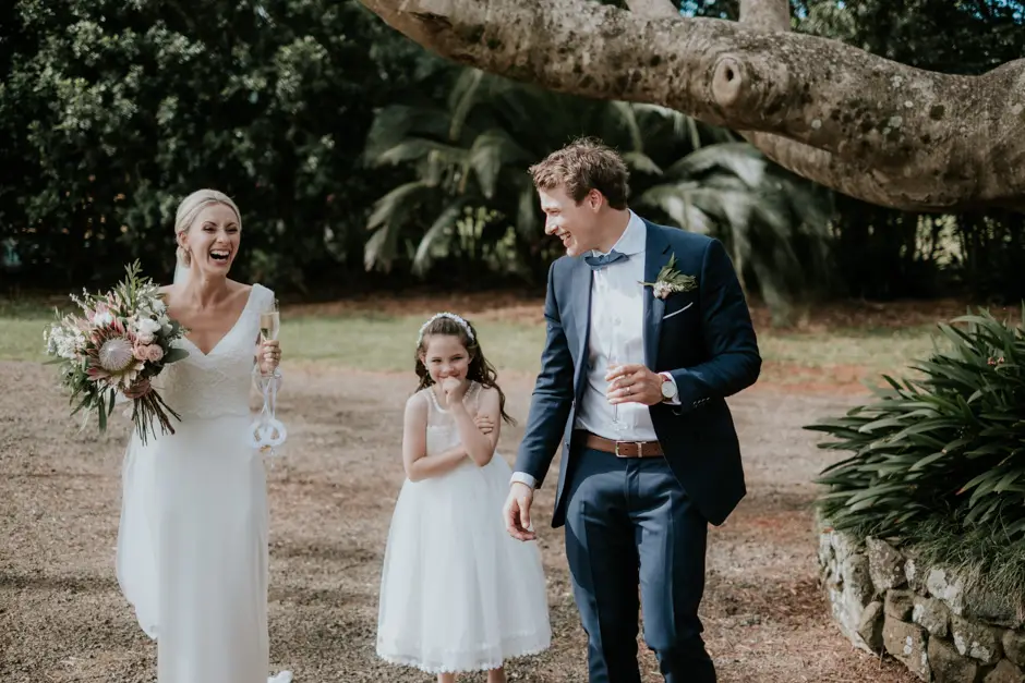 Jessica and Jarrod with a flower girl after the ceremony, Goremans Road