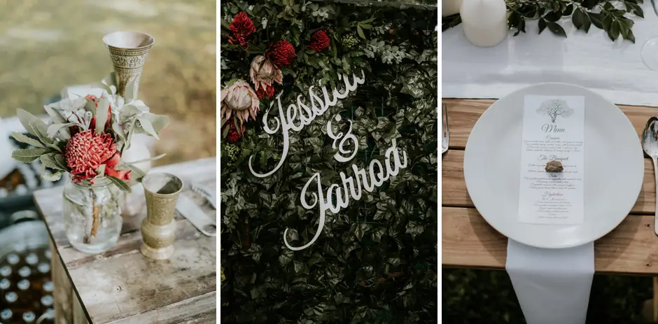 Flowers in brass vases, a hand-lettered 'Jessica & Jarrod' sign in greenery, and a place setting, Goremans Road