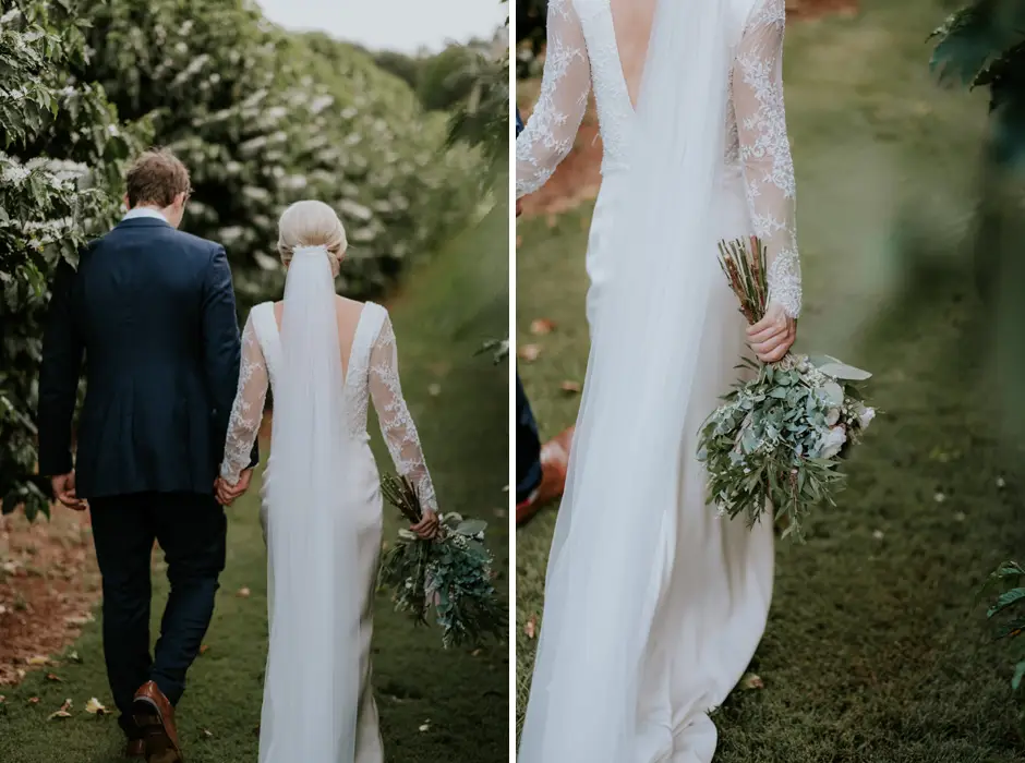 Jessica and Jarrod walking away hand in hand, and a detail of her gown and bouquet, Goremans Road