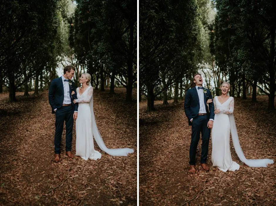 Two portraits of Jessica and Jarrod in the leaf-littered grove, Goremans Road