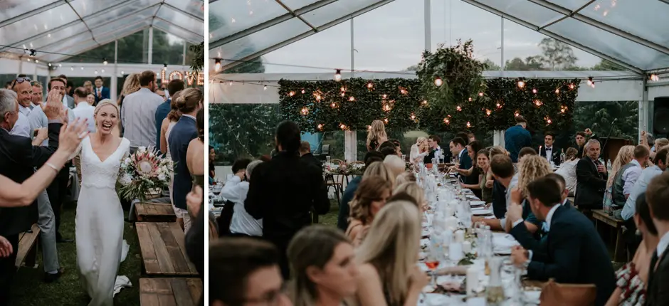 Jessica arriving at the marquee, and guests along the long table, Goremans Road