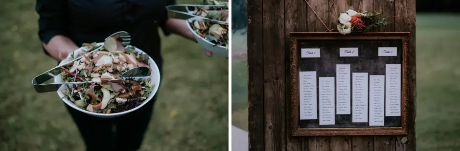 A platter being served, and the seating chart on a timber board, Eureka