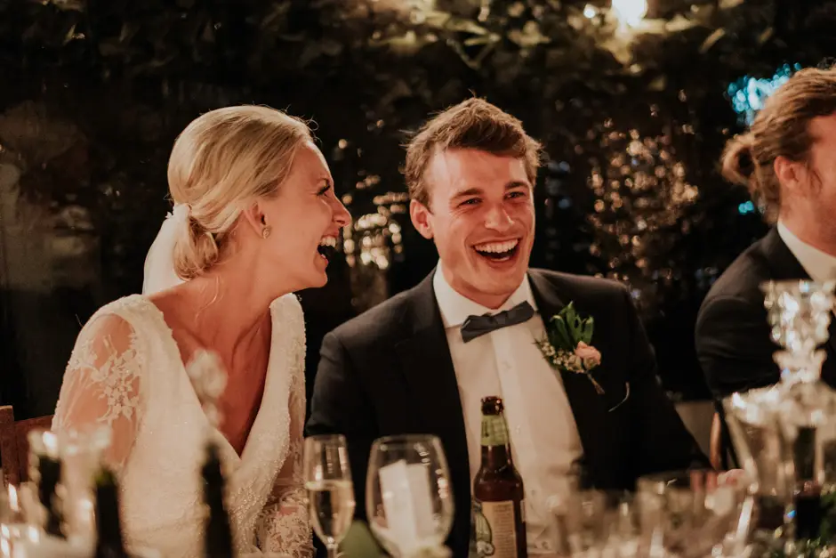 Jessica and Jarrod cracking up during the speeches, Eureka