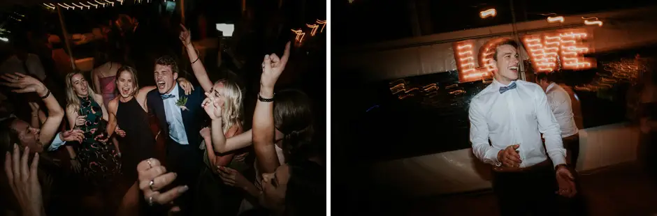 Guests dancing, the LOVE sign, and bare feet on the dance floor, Eureka