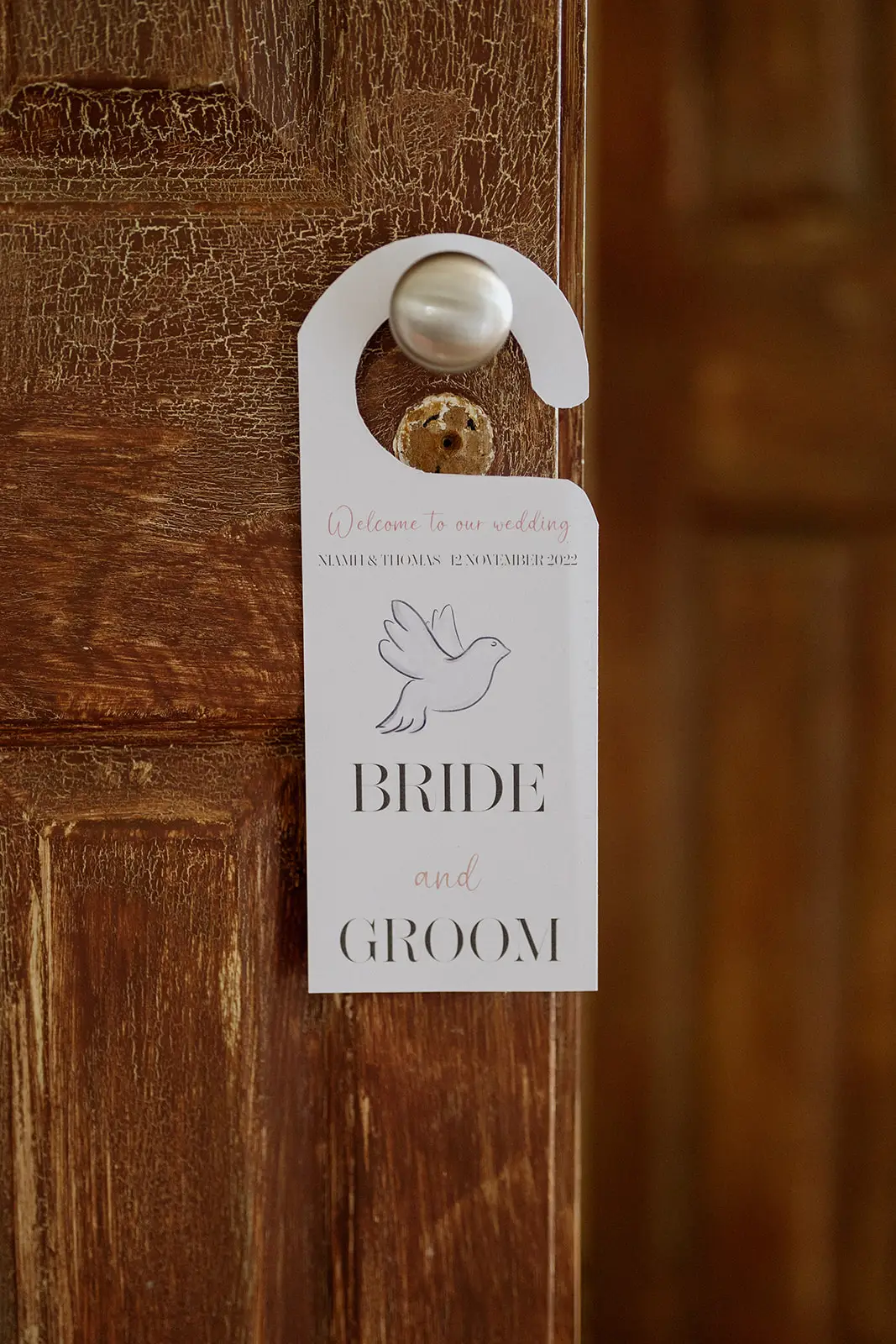 A 'the bride' door hanger on a timber door, Byron Bay hinterland