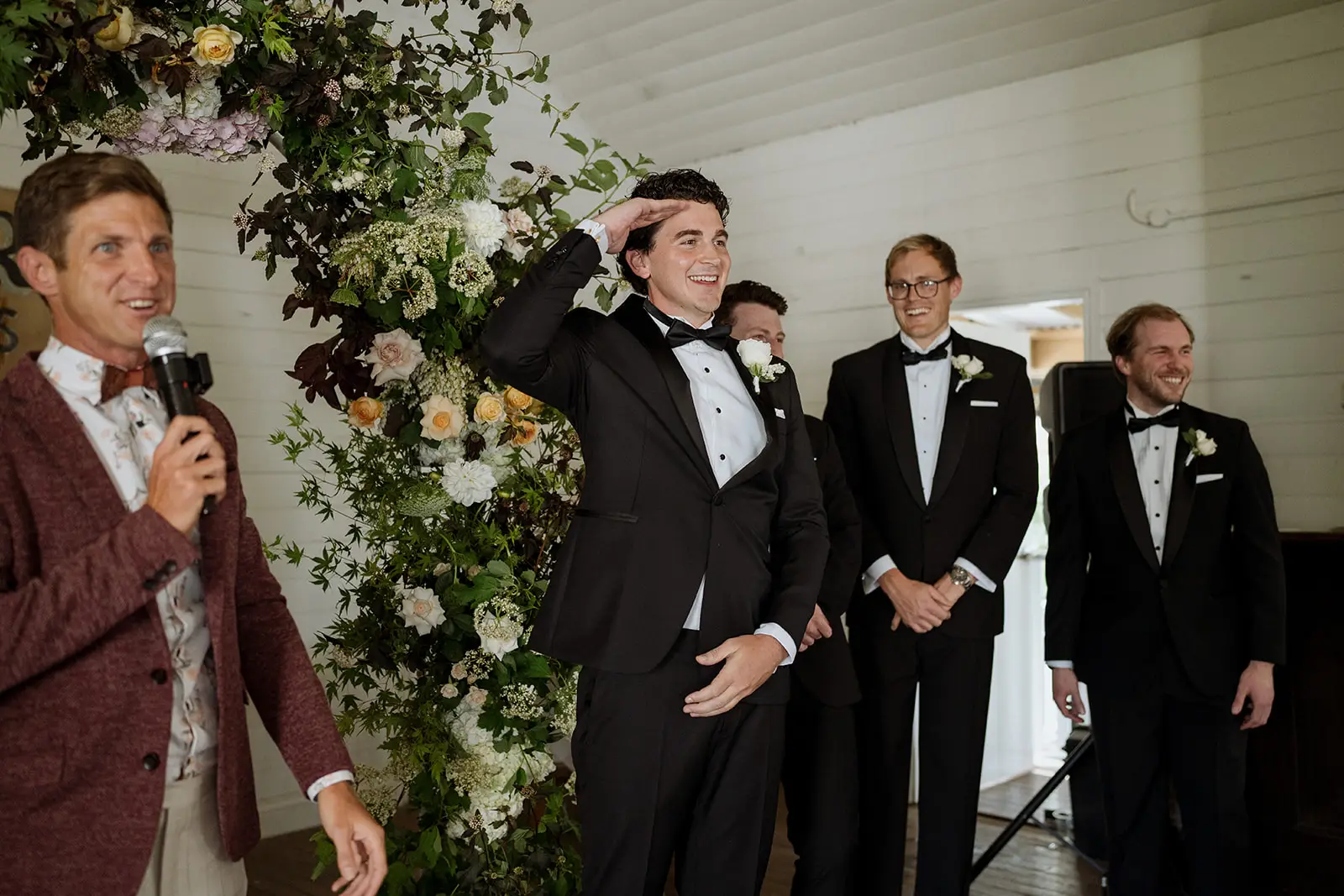 Tom waiting at the front with his groomsmen, Newrybar
