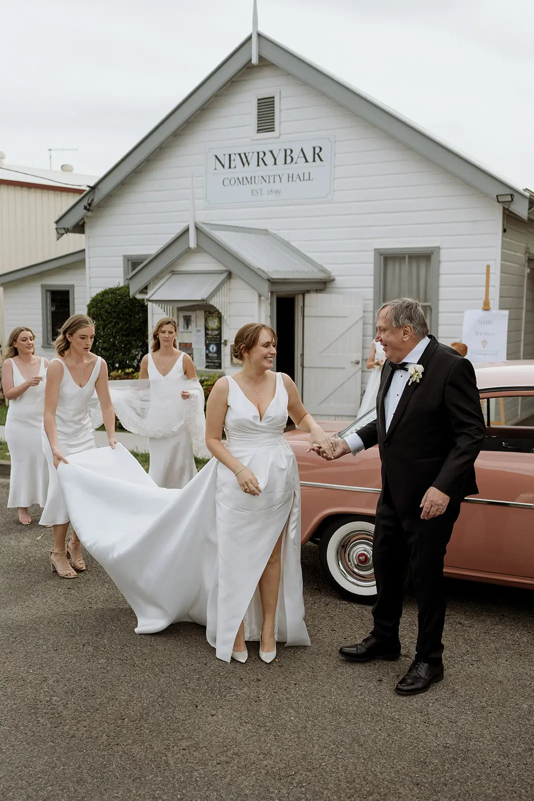 Nim arriving at the hall with her bridesmaids, Newrybar