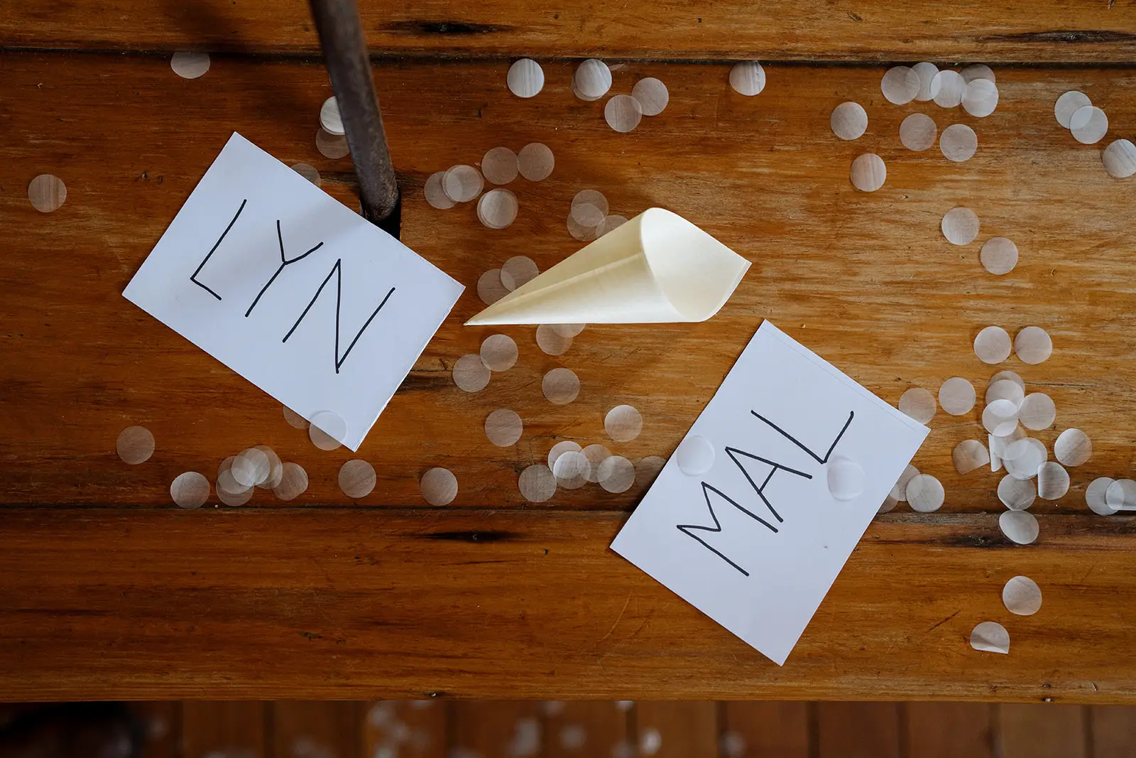 Handwritten place cards among the confetti, Newrybar hall