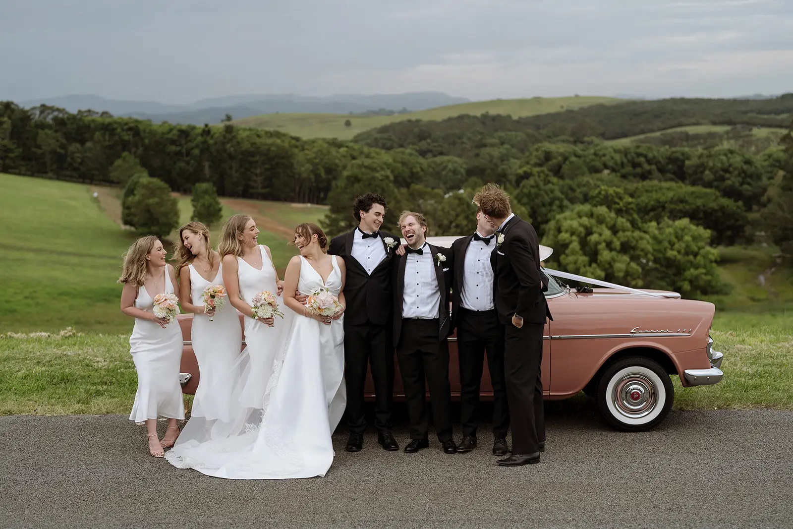 The full bridal party with the vintage car, Byron Bay hinterland