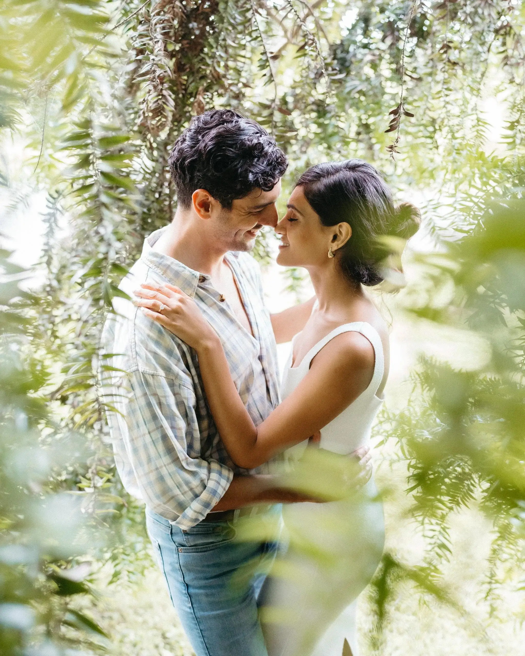 A couple embracing among green foliage, sunlight coming through the leaves