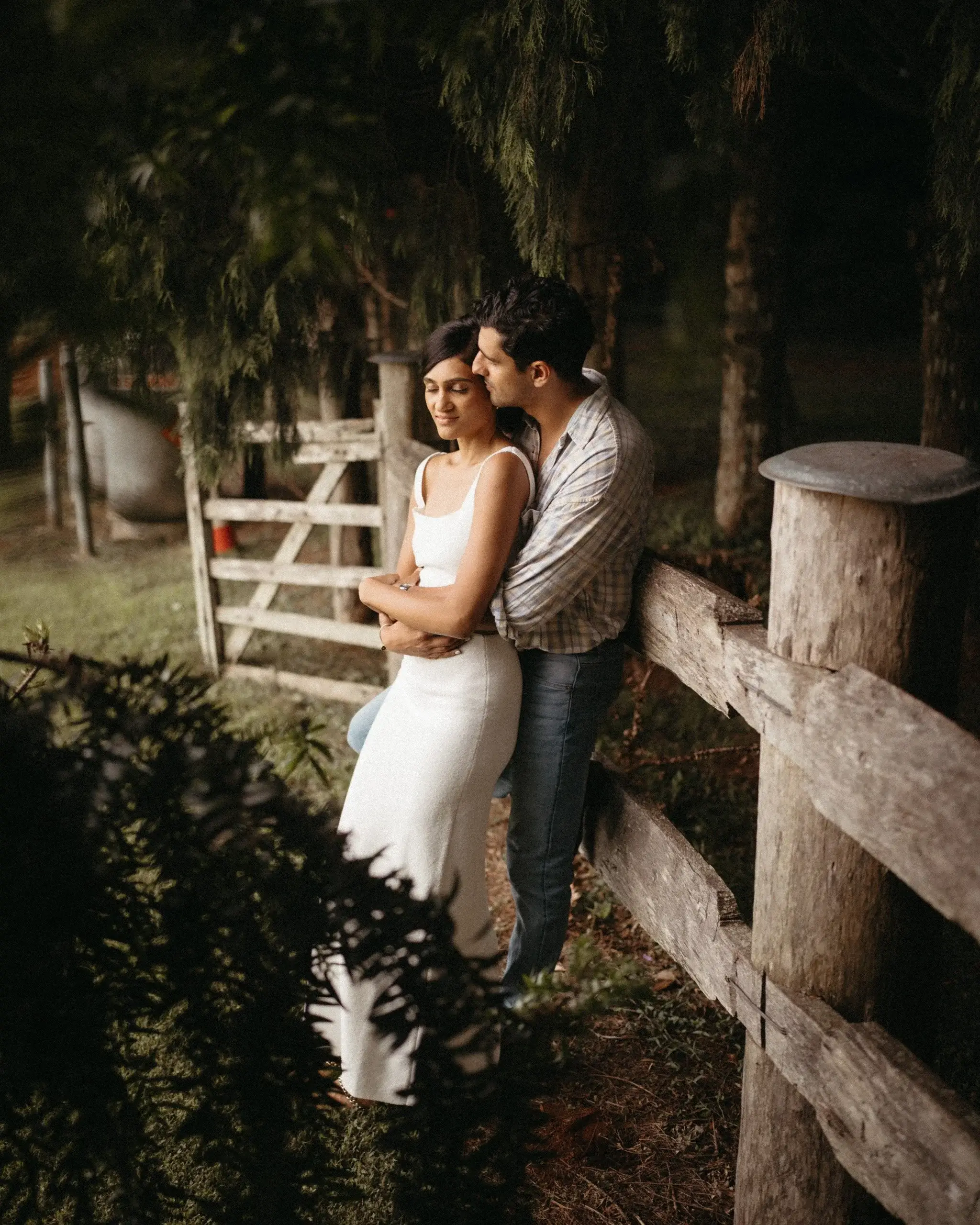 A couple leaning against a timber gate in dappled forest light