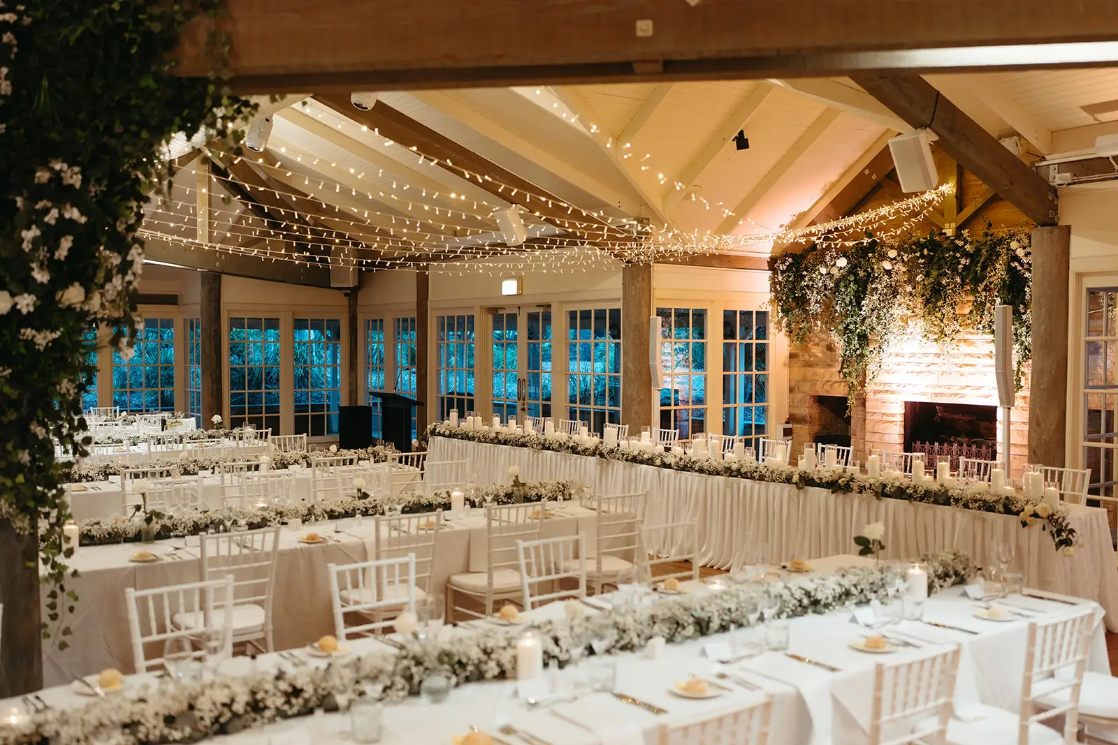 Fairy lights above the tables as the reception begins, InterContinental Sanctuary Cove