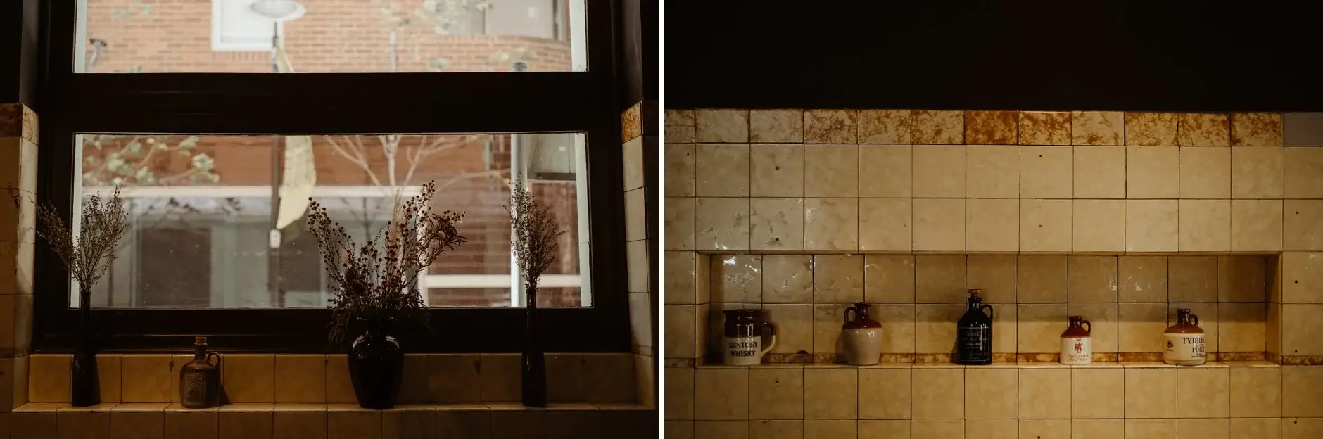 Dried native stems on the windowsill and along the tiled shelf, The Old Clare Hotel