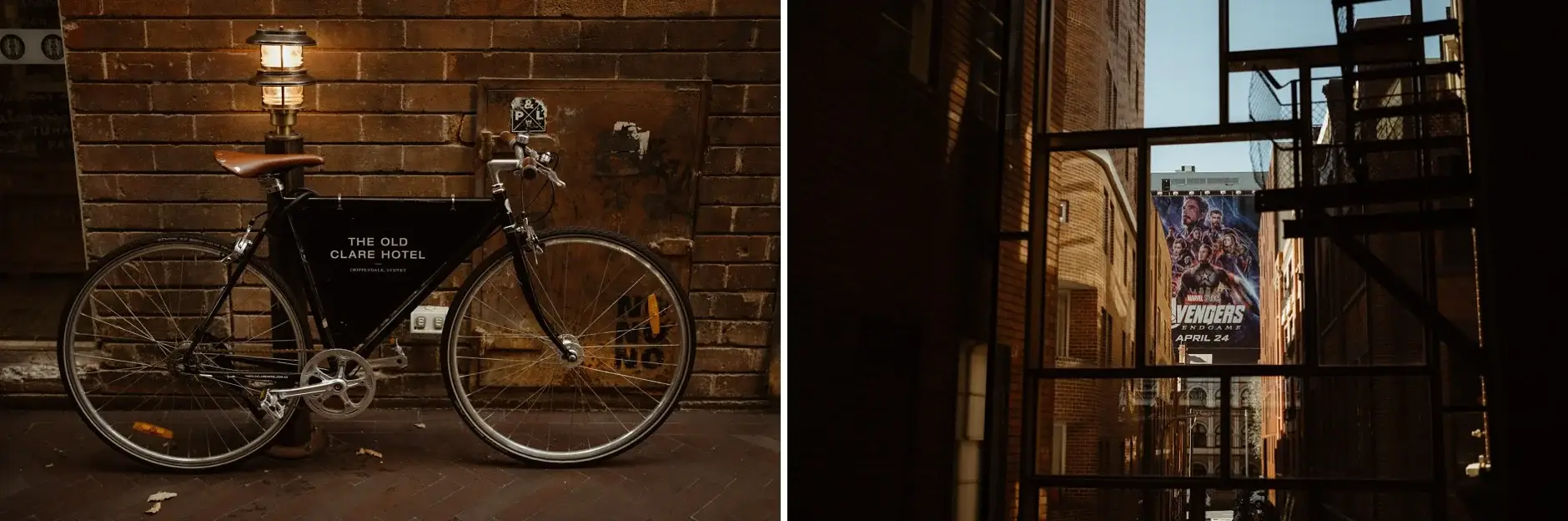 An Old Clare Hotel bicycle against the brick, and a laneway seen through glass