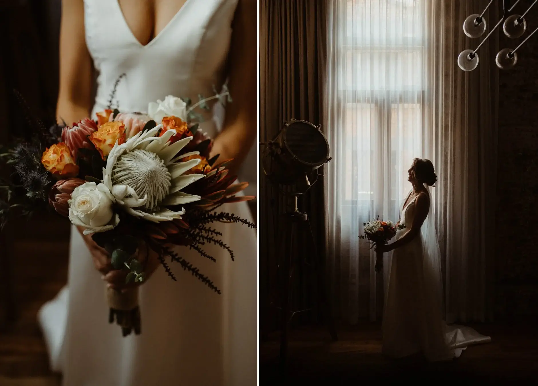 Kath’s bouquet of proteas, and Kath at the window in her dress