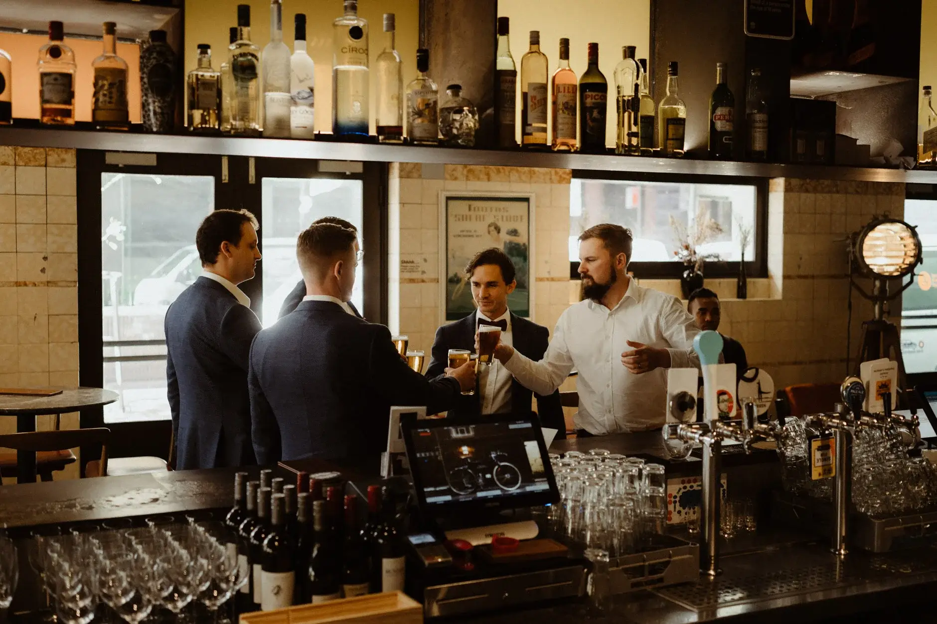 The groomsmen at the tiled bar downstairs, The Old Clare Hotel