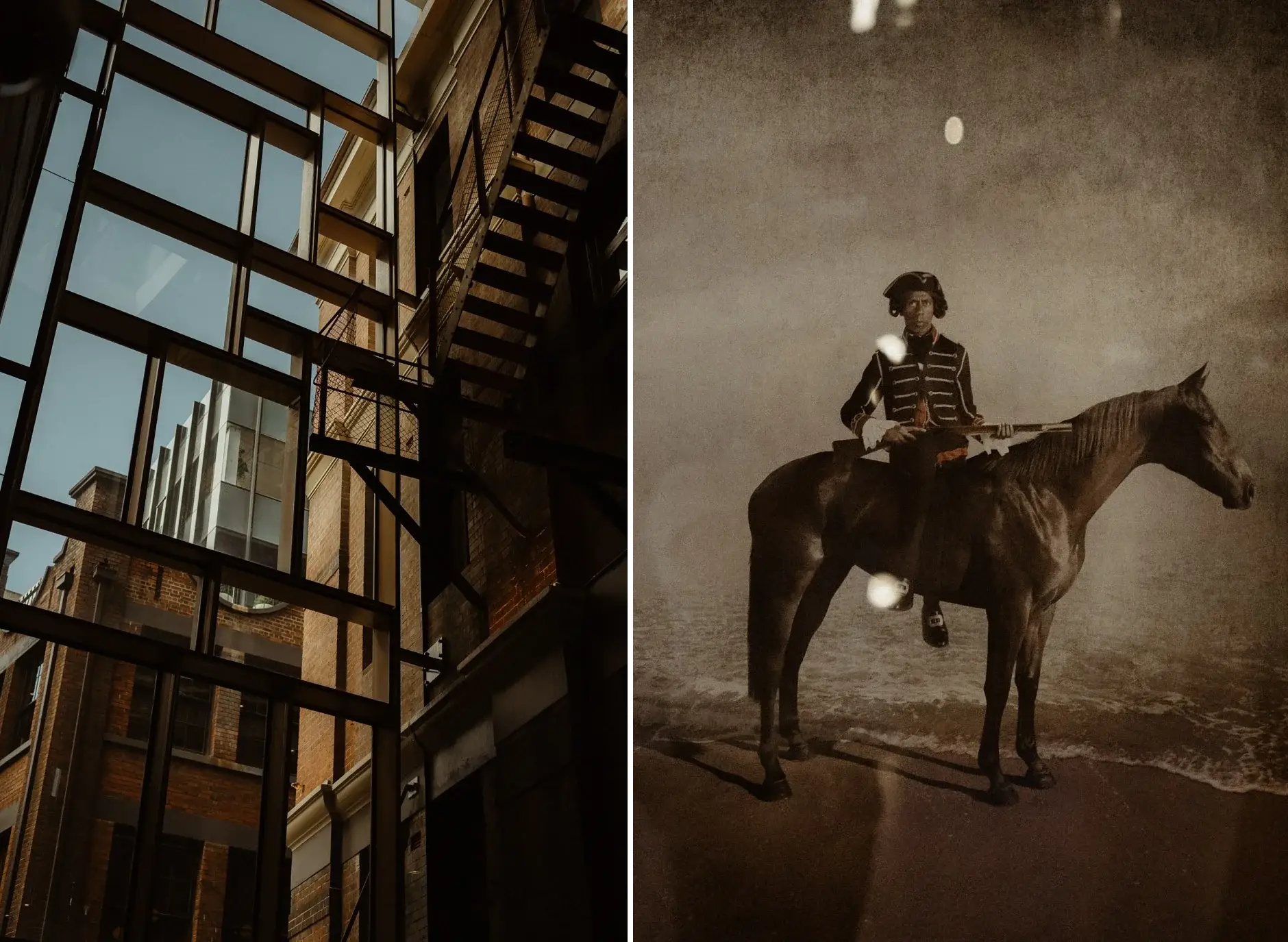 The hotel’s glass stairwell, and an old photograph of a horse and rider