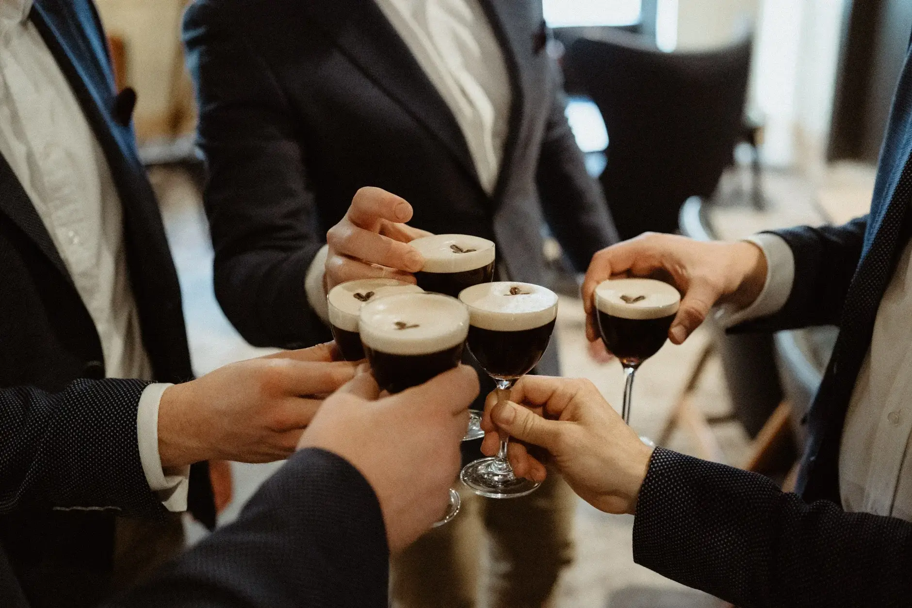 The groomsmen clinking espresso martinis, The Old Clare Hotel
