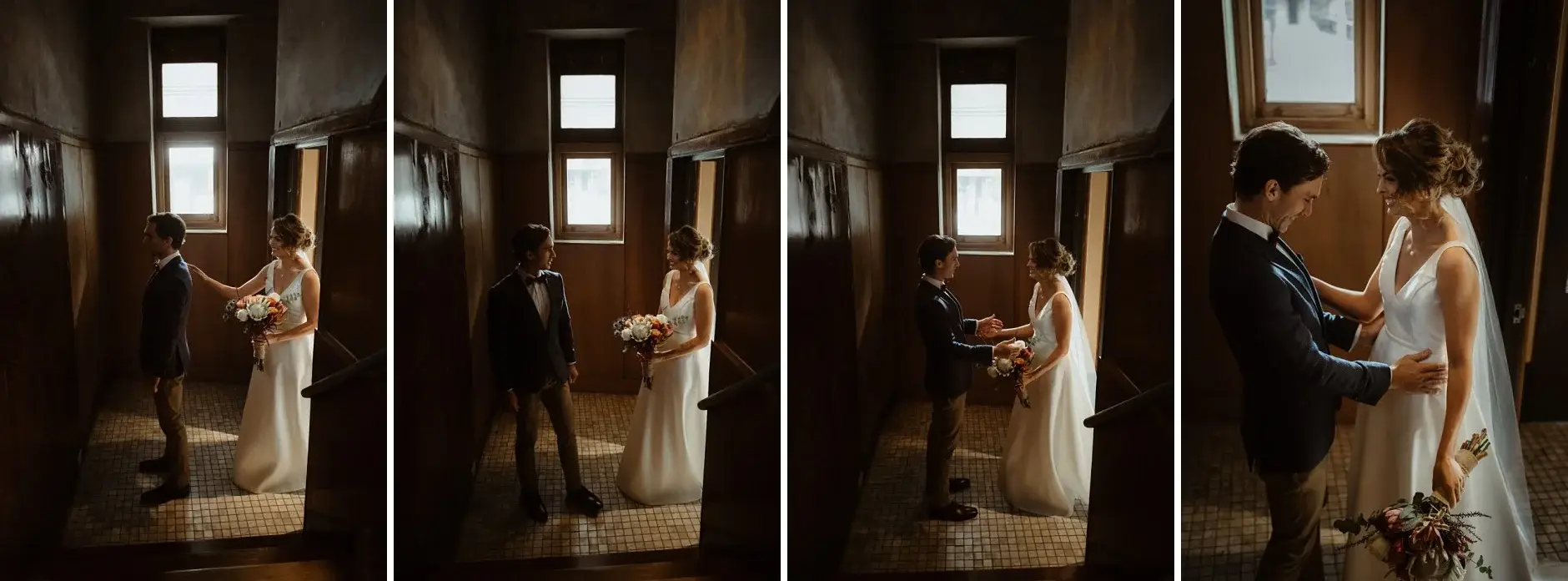 Kath and Ross seeing each other for the first time in the hotel corridor