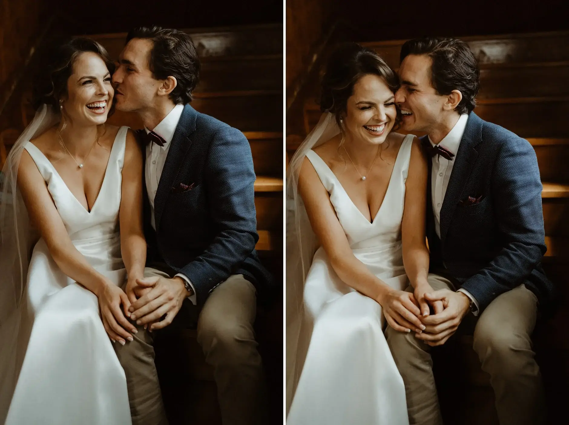 Kath and Ross laughing on the stairs, two frames, The Old Clare Hotel