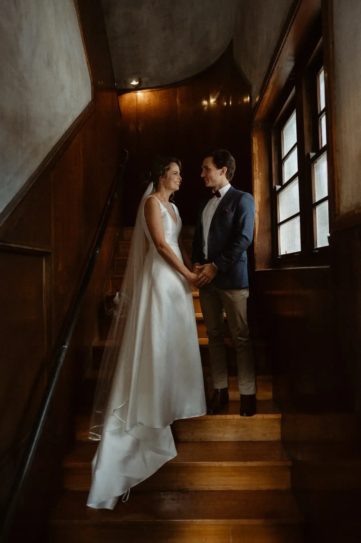 Kath and Ross on the timber staircase, The Old Clare Hotel