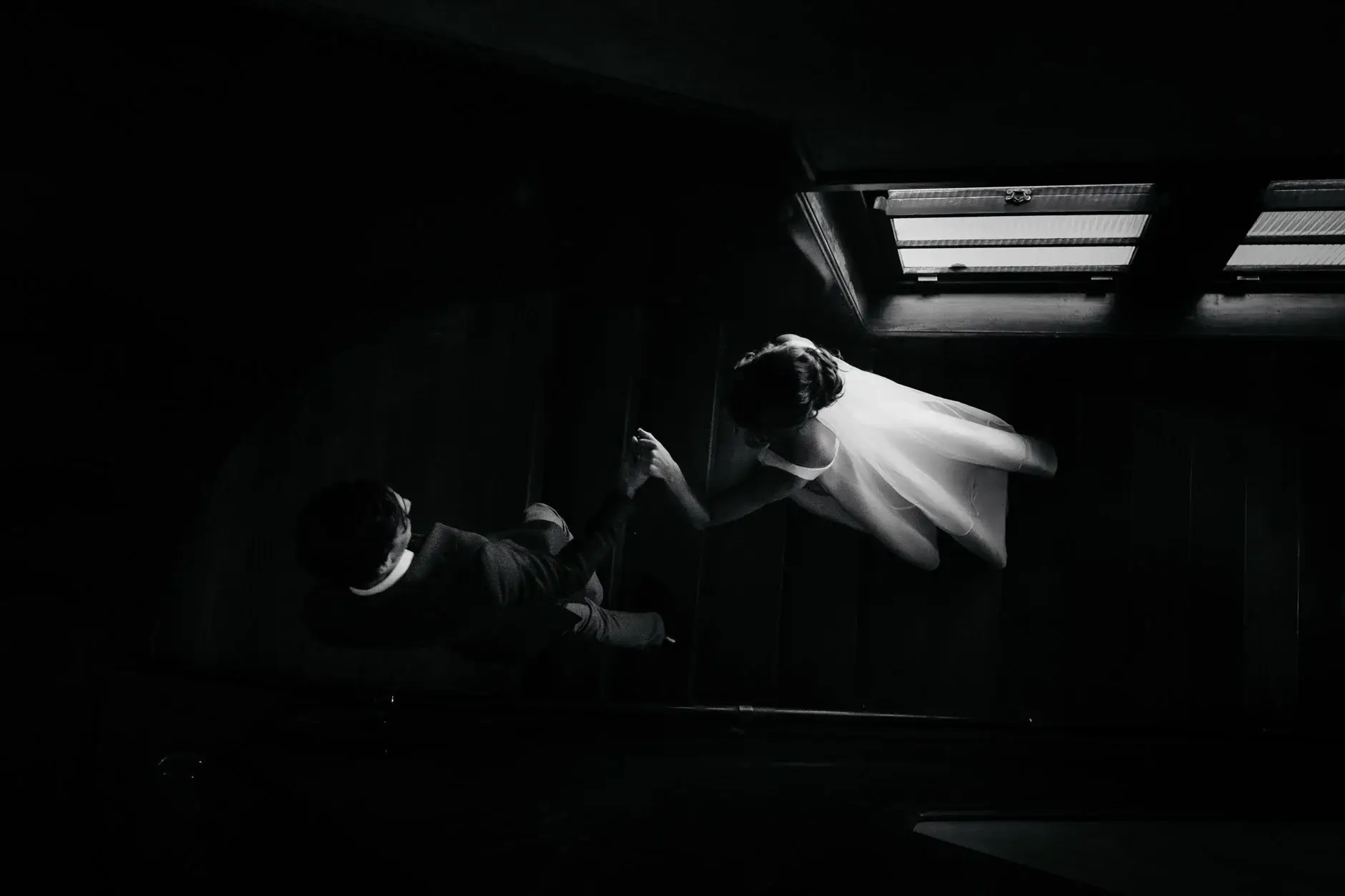 Kath’s veil catching the light in the dark, black and white, Chippendale