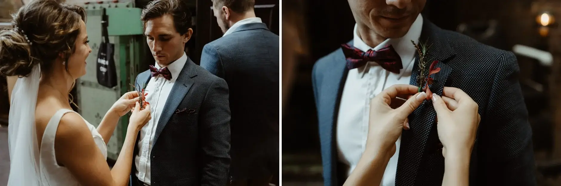 A groomsman’s buttonhole being pinned on, two frames, Chippendale