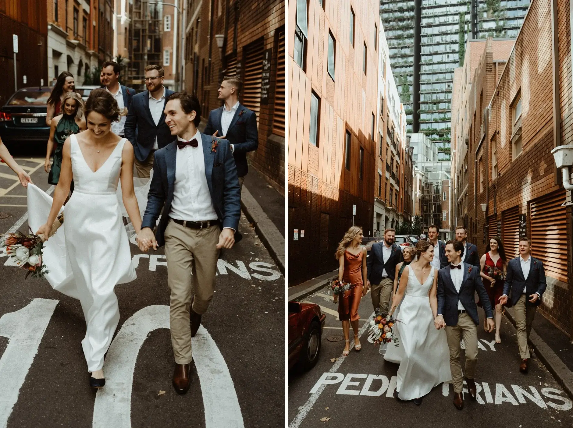 The bridal party walking across the pedestrian crossing, Chippendale