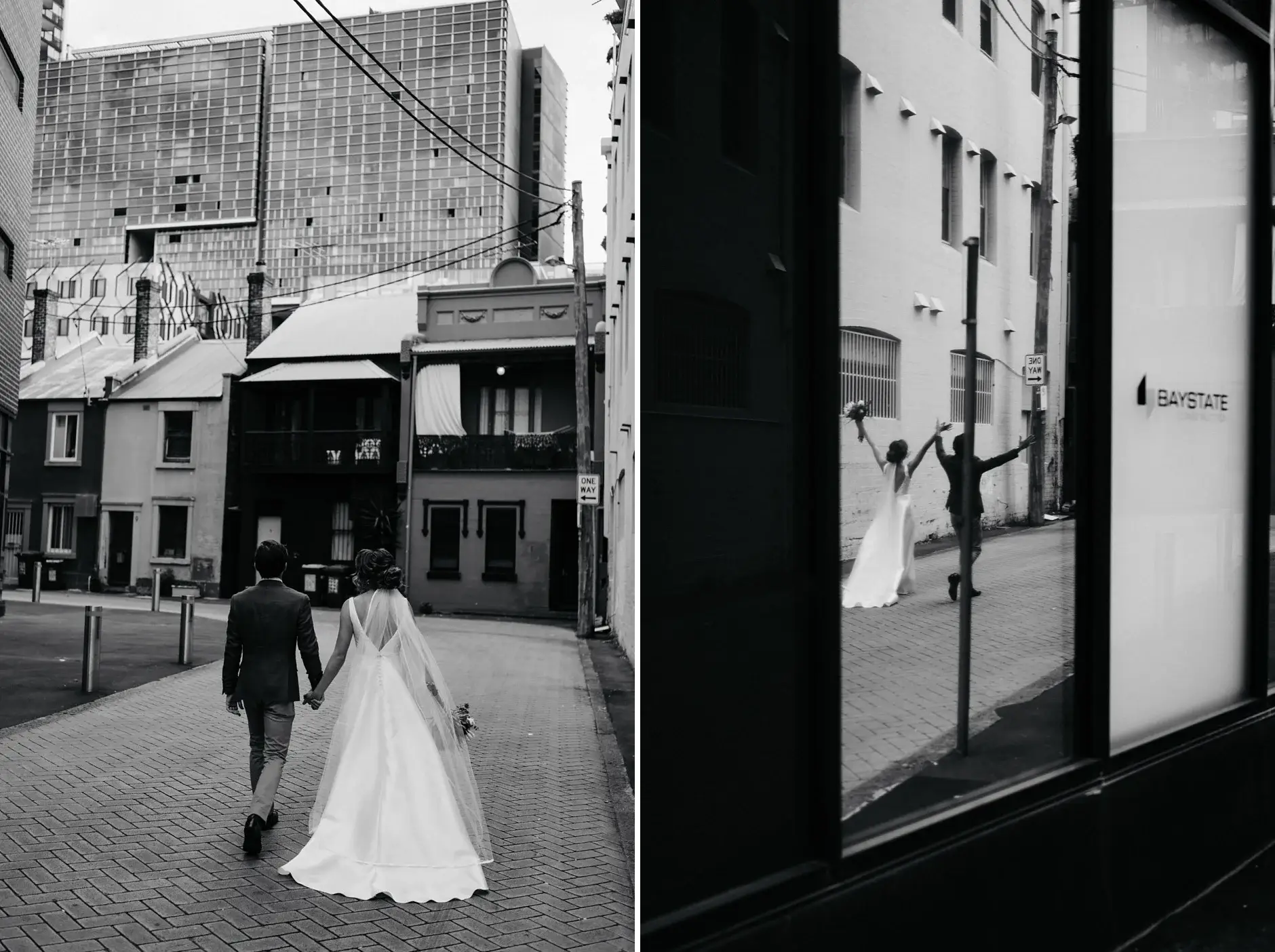 Kath and Ross in the street, black and white, Chippendale