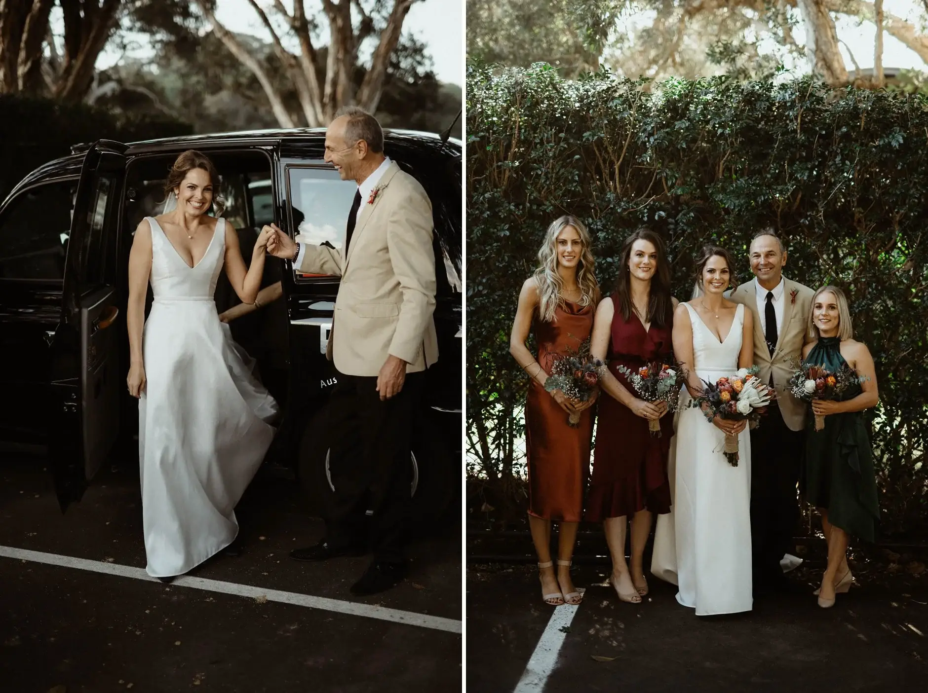 Kath arriving by car, and the bridesmaids waiting, Centennial Park