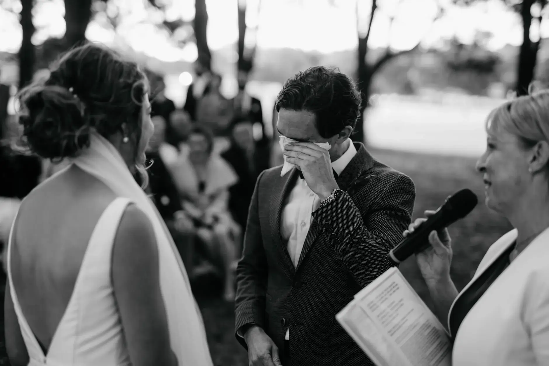 Ross wiping his eyes during the vows, black and white, Centennial Park