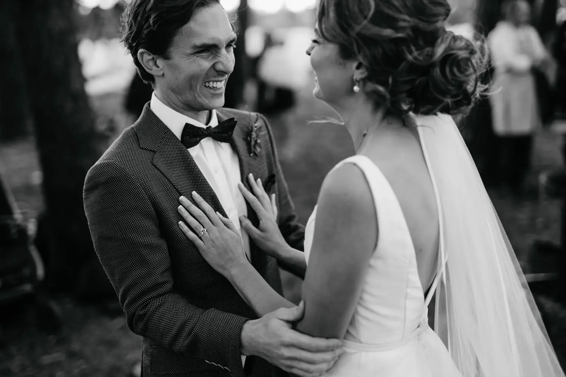 Ross laughing with Kath after the kiss, black and white, Centennial Park
