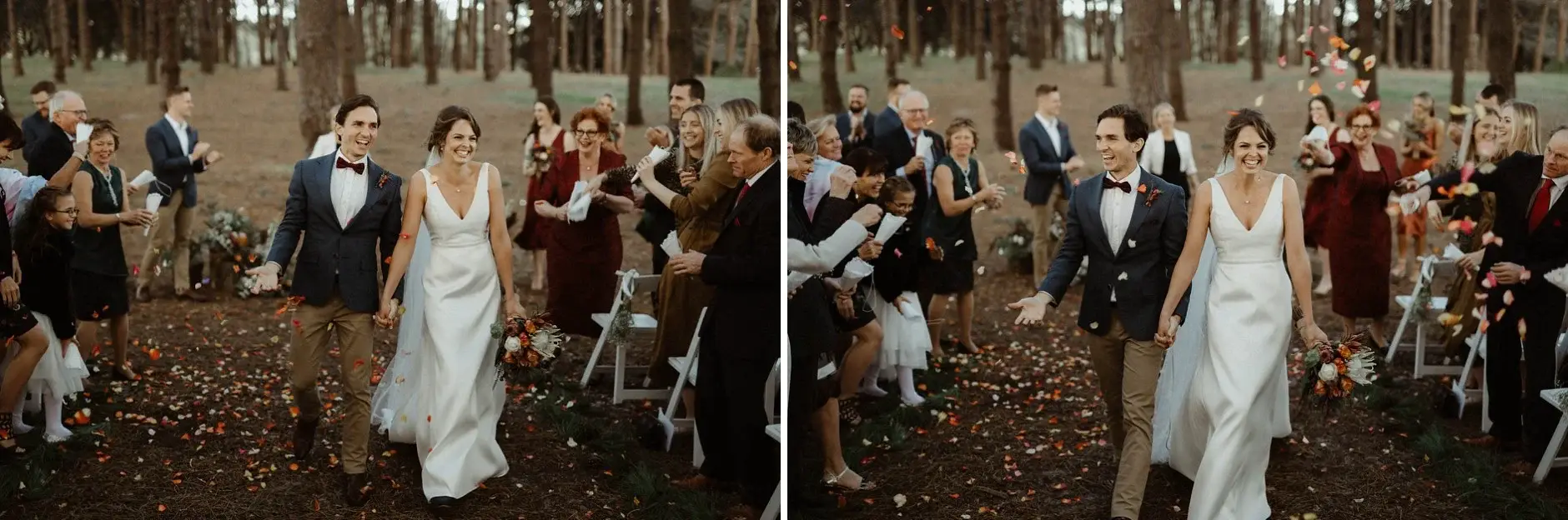 Kath and Ross greeted by guests, two frames, Centennial Park
