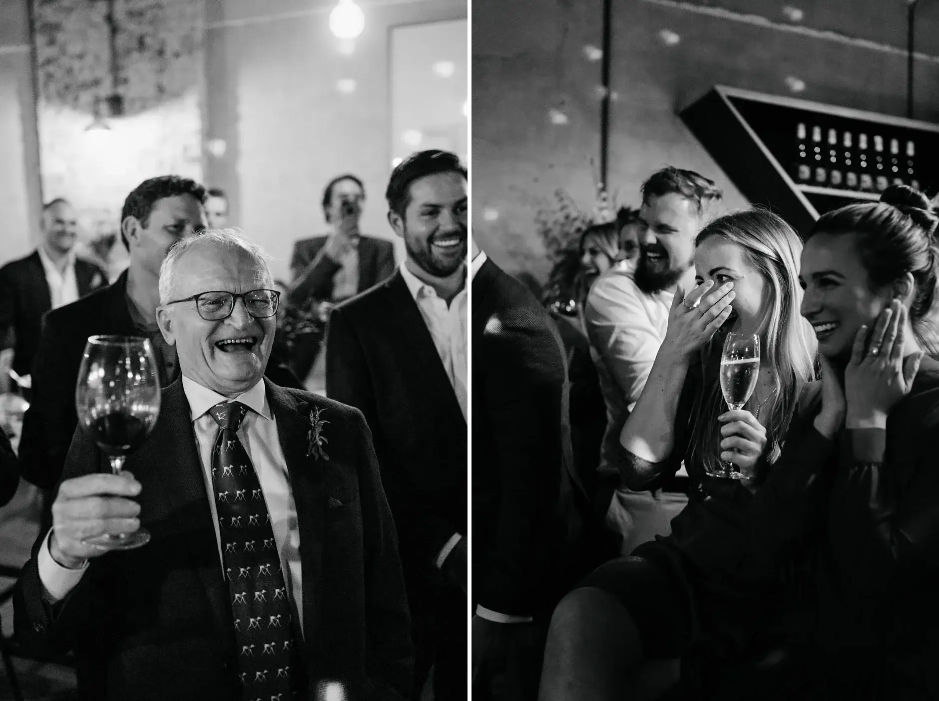 Guests laughing during the speeches, black and white, Redfern